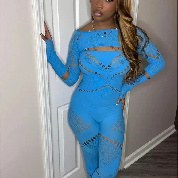Blue Cutout Lace Jumpsuit - Picture 2 of 2